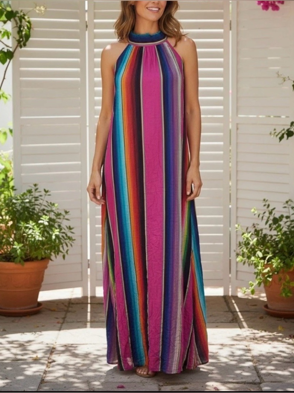 Judith March Serape Stripe Halter Maxi Dress Neck Tie Tassel NWT